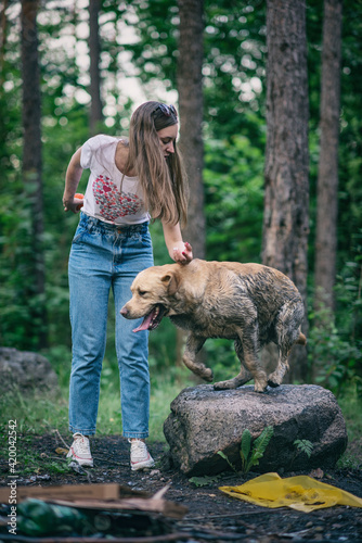 Young beautiful girl posing with a labrador in the forest.