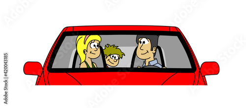 Family cute characters inside a red car. Front view. Mother, father driving and son in the backseat. Cartoon style hand drawn black lines colorful vector illustration on a white background.