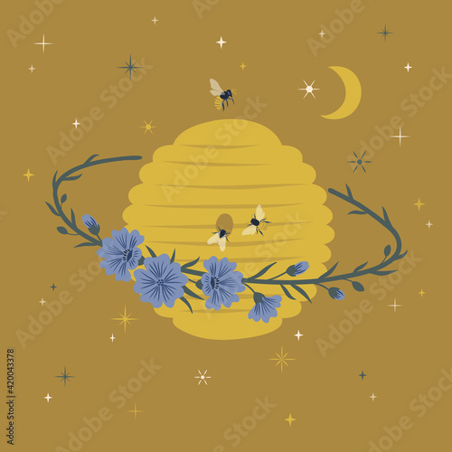 Floral cosmic beehive planet vector illustration. Decorative whimsical Saturn hive with bloomy rings and bees on starry night sky background. Boho aesthetic honeybee blooming space poster design