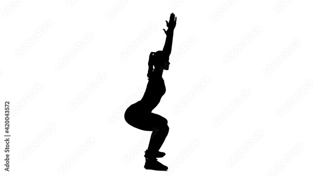 Side view yoga silhouette of woman exercise squat with outstretched arms. Full body on white screen background Side view yoga silhouette of woman exercise squat with outstretched arms. Full body on white screen background