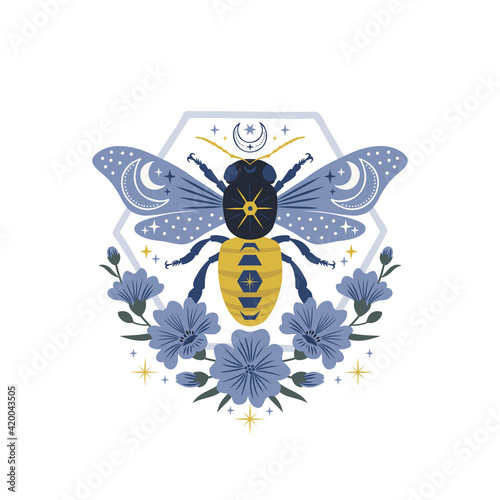 Fototapete Ornate cosmic bee with celestial ornament in floral frame vector illustration