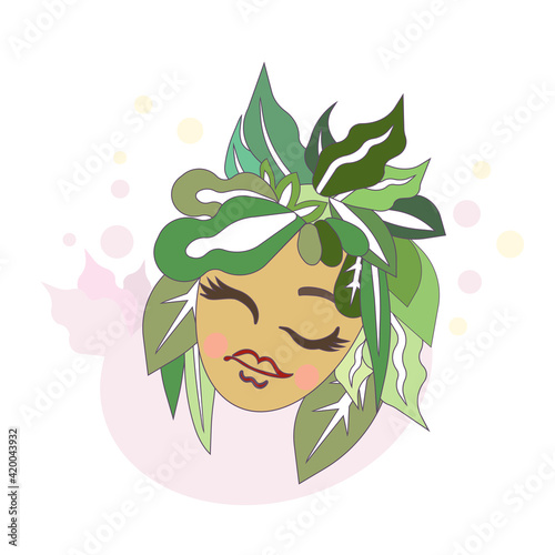 Abstract woman with different flowers and herbs instead of hair on white isolated background, vector face of girl in Cartoon style, concept of Nature and Botany, Feminism, Eco-friendly People.