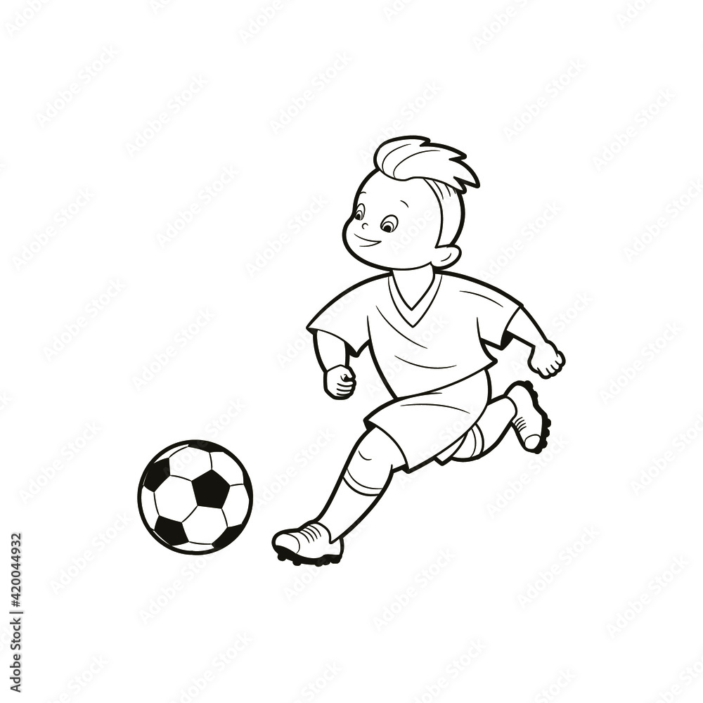 Coloring book soccer player-tinager, kicks the soccer ball. Vector illustration in cartoon style, black and white isolated line art Coloring book soccer player-tinager, kicks the soccer ball. Vector illustration in cartoon style, black and white isolated line art