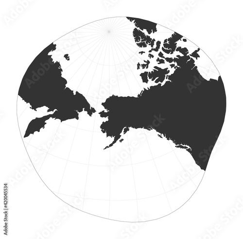 Map of the world. Modified stereographic projection for Alaska. Globe with latitude and longitude net. World map on meridians and parallels background. Vector illustration.