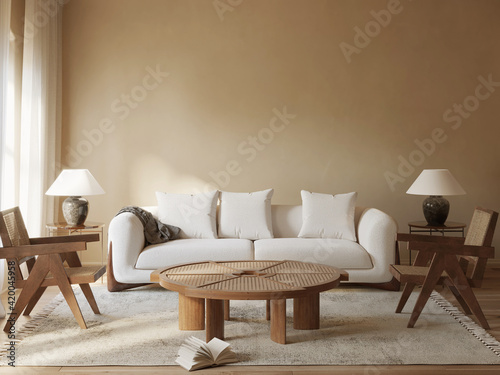 Fototapeta Naklejka Na Ścianę i Meble -  3d rendering of a natural beige tones interior with a white sofa and two wooden and rattan chairs