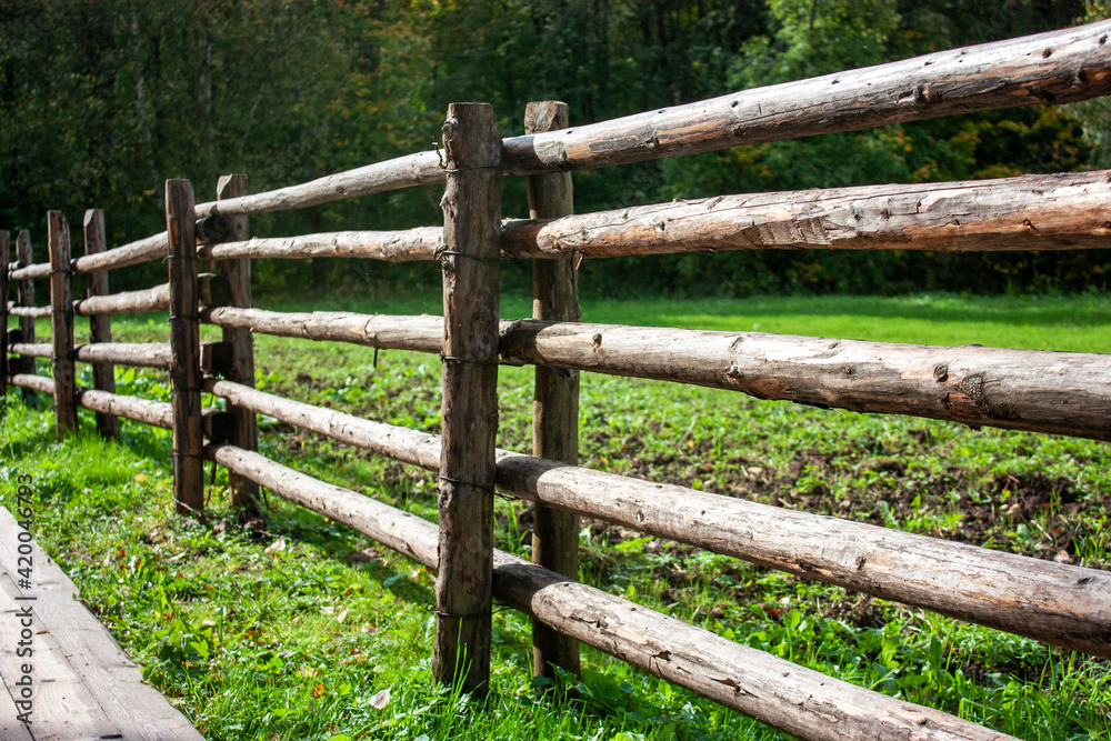 Spring, a fence made of thin logs around the field. Green grass in the meadow on an autumn day. Handmade fence.