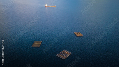 Barco en el mar entre bateas en Galicia photo