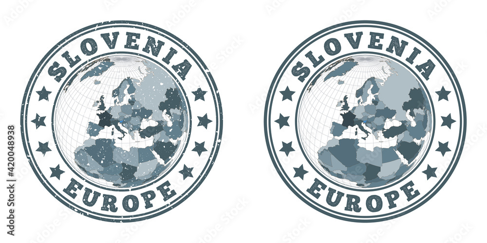 Slovenia round logos. Circular badges of country with map of Slovenia in world context. Plain and textured country stamps. Vector illustration.