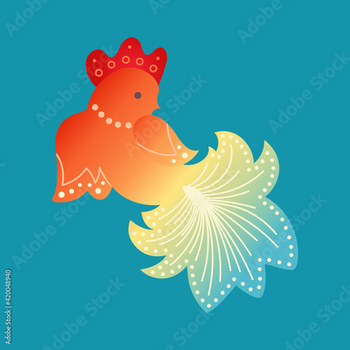 Colorful firebird in orange, yellow, red and blue colors, rainbow. Hand drawn vector element for nursery decoration, poster, postcard, logo, web design, banner, book illustration, fairy tale