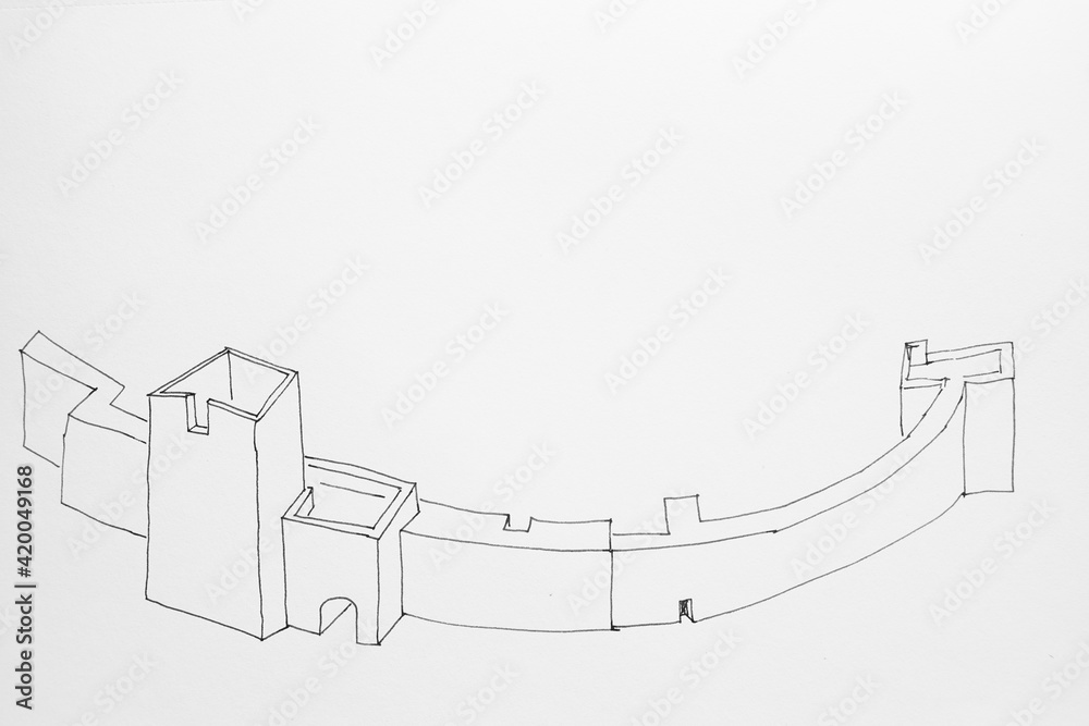 Φωτογραφία Sketch of the part of a huge stronghold or fortress done by ink on paper