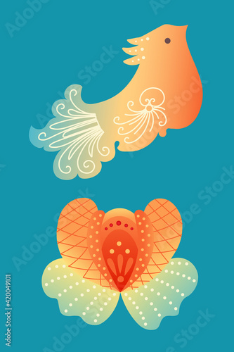 Colorful firebird and flower set in orange, yellow, red and blue colors, rainbow. Hand drawn vector element for nursery decoration, poster, logo, web design, banner, book illustration, fairy tale