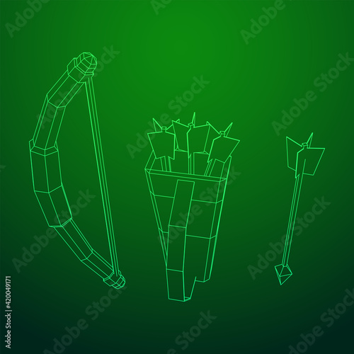 Medieval Bow and arrow archer weapon. Wireframe low poly mesh