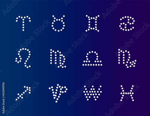 12 signes astrologiques du zodiaque. Illustration vectorielle symboles blanc sur fond bleu nuit interchangeable.