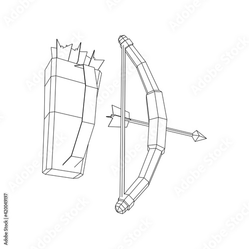Medieval Bow and arrow archer weapon. Wireframe low poly mesh