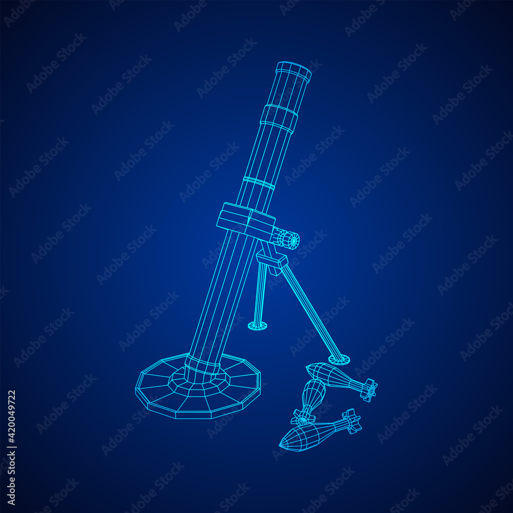 Firearm weapon army mortar and mine. Wireframe low poly Firearm weapon army mortar and mine. Wireframe low poly