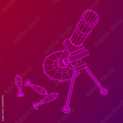 Firearm weapon army mortar and mine. Wireframe low poly