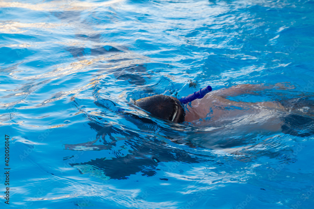 Obraz premium Boy swims in the pool in a mask and snorkel in the summer