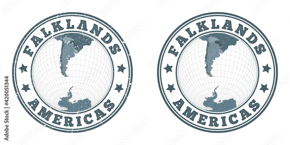 Falklands round logos. Circular badges of country with map of Falklands in world context. Plain and textured country stamps. Vector illustration.