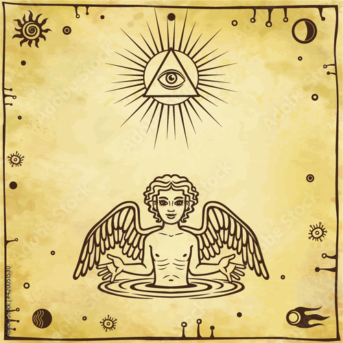 Alchemical drawing: little angel appears from water. Esoteric, mystic, occultism. Symbols of the sun and moon. Background - imitation of old paper. Vector illustration. 