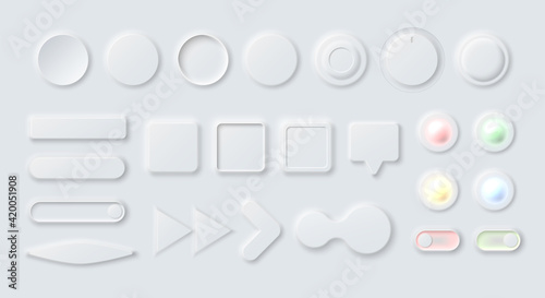 Various neumorphic interface design elements of light gray color, figures, arrows, buttons, switches and dialogue boxes for modern app's and sites  photo