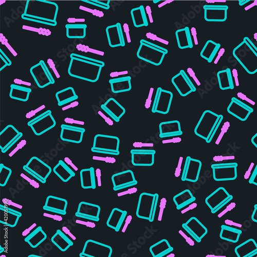 Line Sauna bucket and ladle icon isolated seamless pattern on black background. Vector Illustration