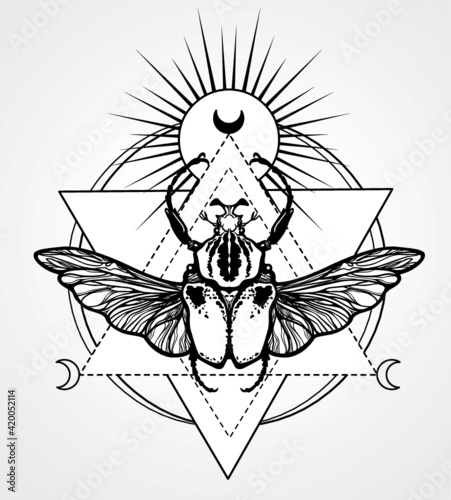 Bug Goliath. Esoteric symbol, sacred geometry. Monochrome drawing isolated on a grey background. Vector illustration. Print, posters, t-shirt, textiles.