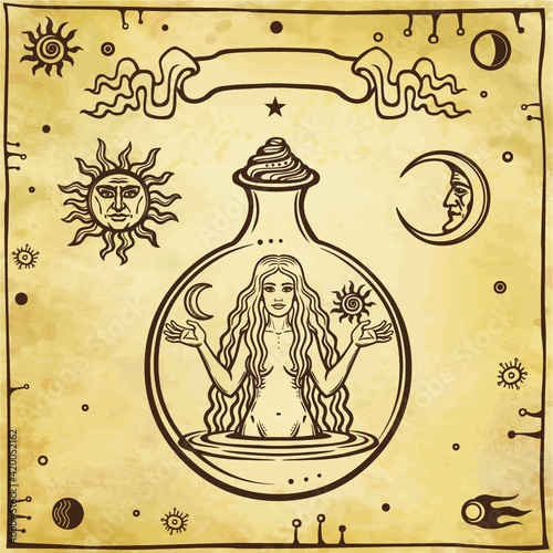  Alchemical drawing: the young beautiful woman in a test tube.Fertility, temptation. Esoteric, mystic, occultism. Symbols of the sun and moon. Background - imitation of old paper. Vector illustration.