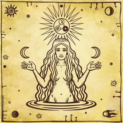 Alchemical drawing: young beautiful woman holds moons in hand. Esoteric, mystic, occultism. Symbols of the sun and moon. Background - imitation of old paper. Vector illustration.