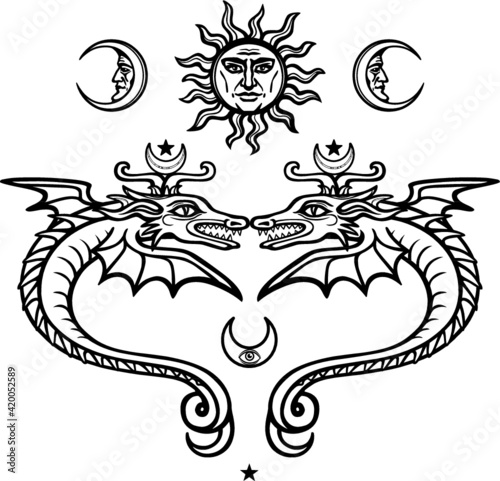 Two mystical winged snakes. Alchemical symbols. Religion, mysticism, occultism, sorcery. Vector illustration isolated on a white background.