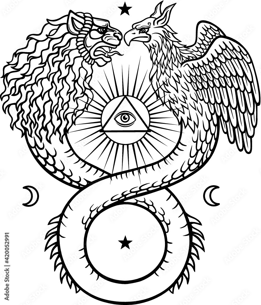 Image of fantastic animal ouroboros with a body of a snake and two heads of a lion and a bird. Sacred pyramid, all-seeing eye. Vector illustration isolated on a white background. Image of fantastic animal ouroboros with a body of a snake and two heads of a lion and a bird. Sacred pyramid, all-seeing eye. Vector illustration isolated on a white background.