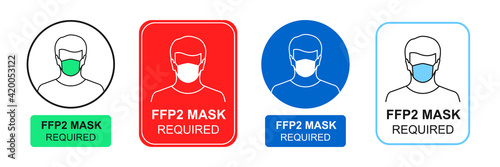 FFP2 face mask required sign, icon or sticker set in various design styles