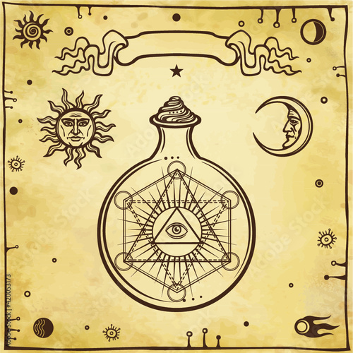 Set of alchemical symbols. A providence eye in a test tube, chemical reaction. Sacred geometry. Origin of life.    Background - imitation of old paper. Vector illustration.