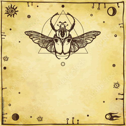 Bug Goliath. Geometrical figures, space symbols, ancient manuscript. Background - imitation of old paper, the place for the text. Vector illustration.