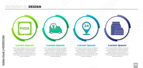 Set Pizza in cardboard box, Fast delivery by car, Round the clock delivery and Online ordering and burger delivery. Business infographic template. Vector