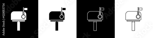 Set Mail box icon isolated on black and white background. Mailbox icon. Mail postbox on pole with flag. Vector Illustration