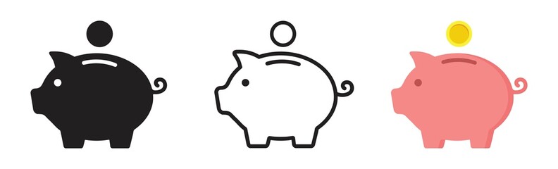 Piggy bank icon. Piggy bank saving money icon in different style. Baby pig piggy bank. vector illustration