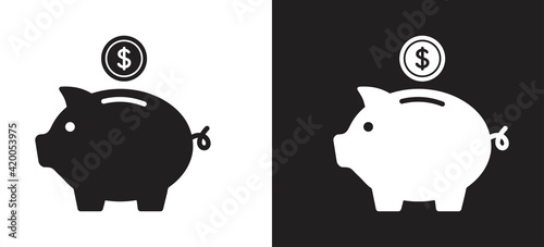 Piggy bank icon. Piggy bank saving money icon on black and white background, Baby pig piggy bank. vector illustration