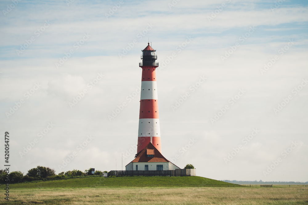 Westerheversand and lighthouse in Westerhever in North Frisia in the state Schleswig-Holstein