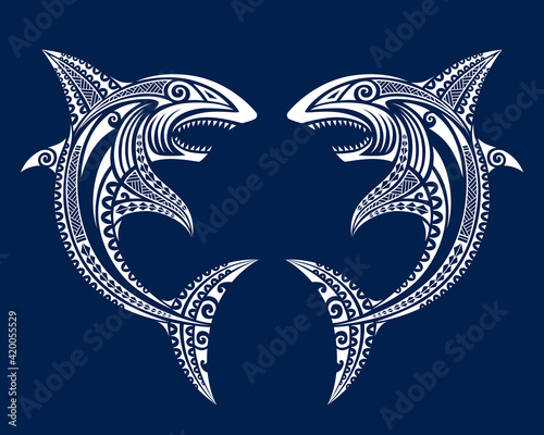 Sharks attack fish illustration Maori polynesian tattoo style. Tribal ethno style ornamental vector sketch. White on blue background.