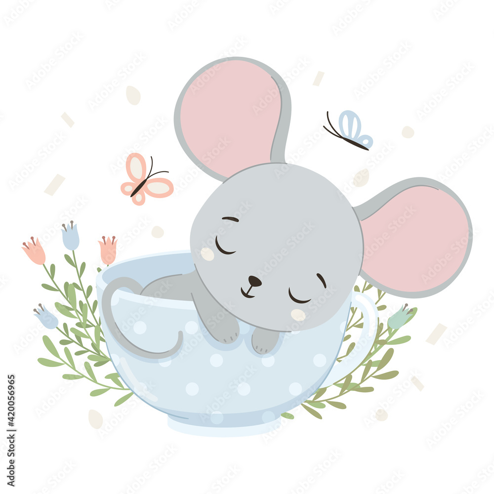 Cute mouse is sleeping in cup. Hello spring. Vector illustration. Cute mouse is sleeping in cup. Hello spring. Vector illustration.