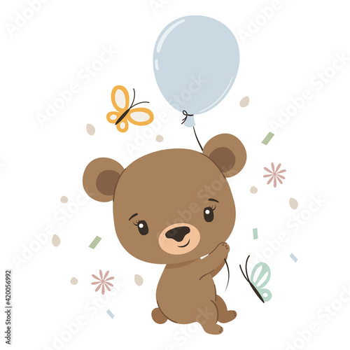 Cute bear with balloon and butterflies. Hello spring. Vector illustration.