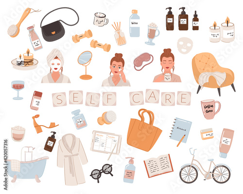 Young womans with a face mask and natural cosmetics products. Self-care routine to do ideas. Includes relaxing, exercising, health, happiness, candles, skin care, and shopping. Vector illustration.