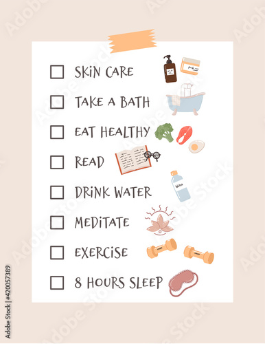 Self-care checklist and routine to do ideas. Includes relaxing, exercising, eating well, health, happiness, motivation, skin care, reading, sleeping. Vector illustration.