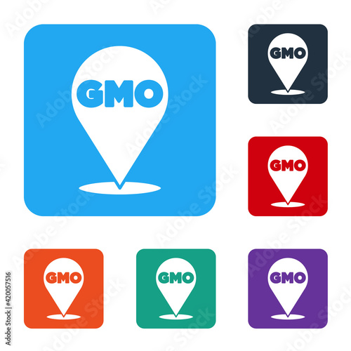 White GMO icon isolated on white background. Genetically modified organism acronym. Dna food modification. Set icons in color square buttons. Vector