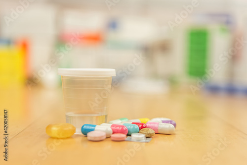 Nursing scene: Close-up of different pills as medications