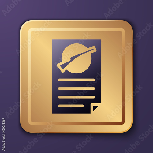 Purple Firearms license certificate icon isolated on purple background. Weapon permit. Gold square button. Vector