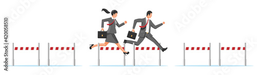 Business man and woman competing in steeplechase