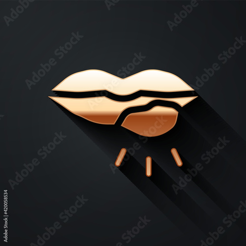 Gold Herpes lip icon isolated on black background. Herpes simplex virus. Labial infection inflammation symbol. Long shadow style. Vector