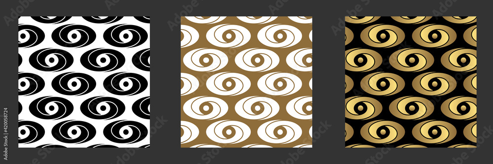 3 versions d’un motif abstrait de forme géométrique ovale pour une impression sur du tissu ou sur du papier peint.