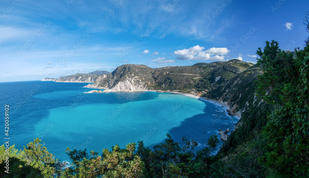 Panoramic view of Petani beach with turquoise sea waters in Kefalonia ionian island, Greece